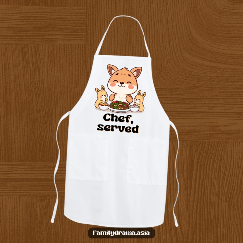 Funny apron featuring a happy animal character sharing a meal with others, ideal for kitchen enthusiasts.