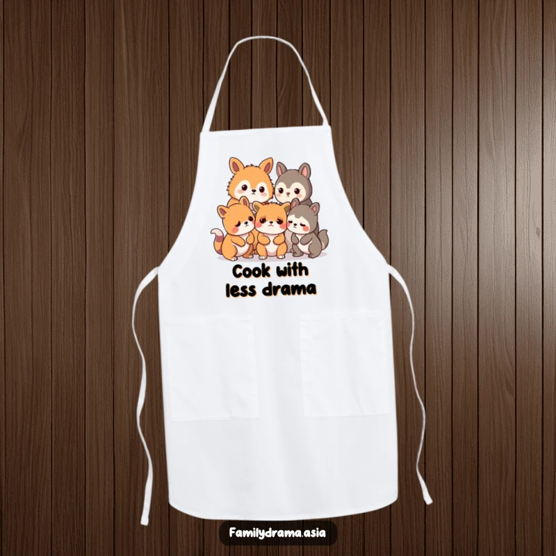 Funny apron featuring stylized animals looking concerned about a mild kitchen disagreement, ideal for cooks.