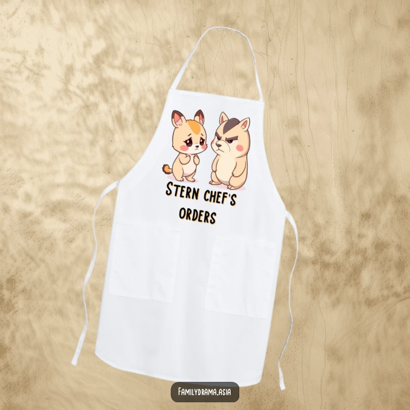 Funny apron showing a small, cute animal looking worried while listening to a stern-faced animal, ready for kitchen command.