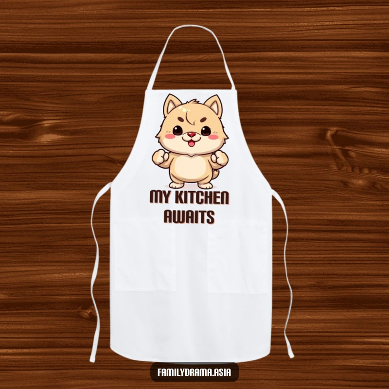 Funny kitchen apron showcasing a determined fuzzy animal with clenched fists, ready to cook up a storm.