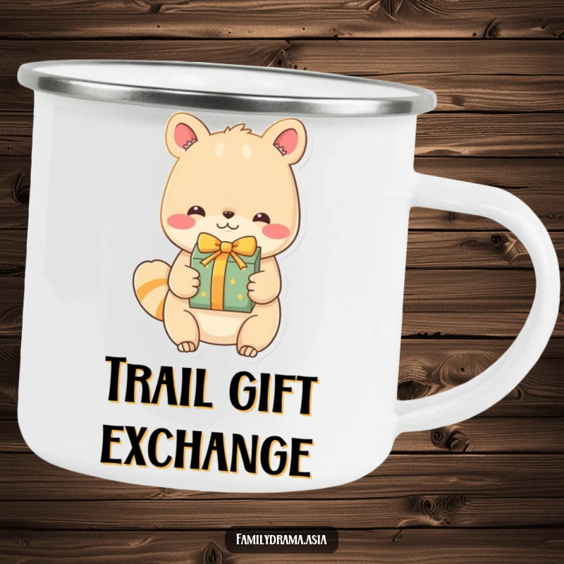 Funny Animal Camping Mug, a durable outdoor mug featuring an endearing character exchanging a beautifully wrapped gift, blending adventure and heartwarming humor.