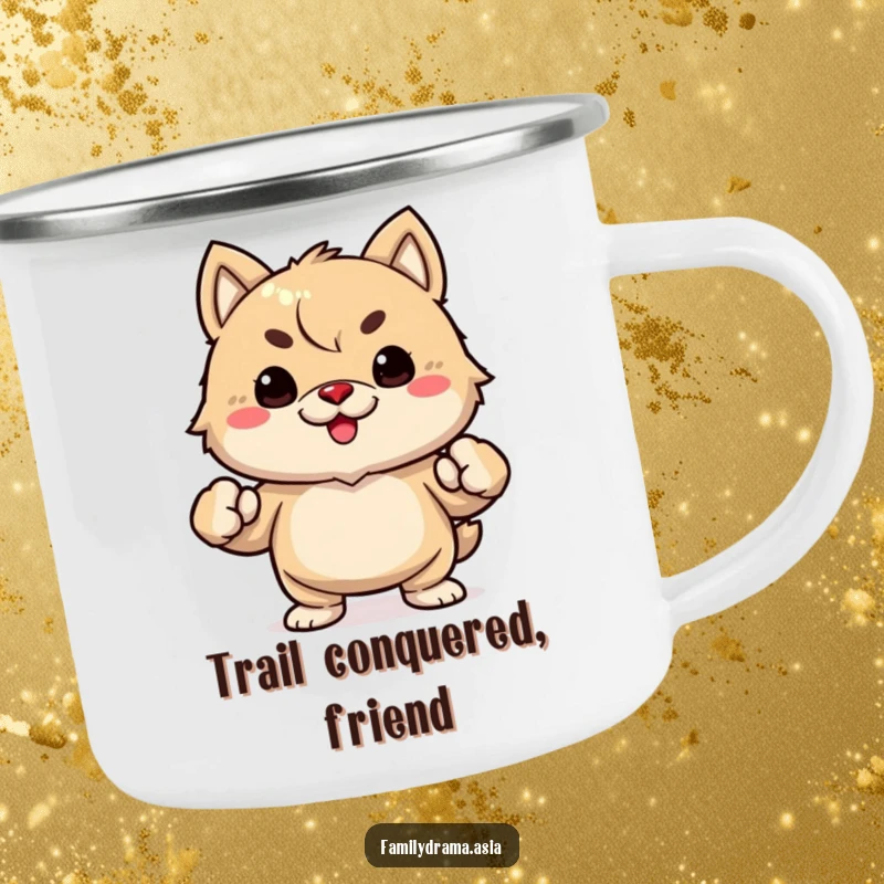 Funny durable camping mug with a determined fuzzy animal, fists clenched, for outdoor adventures and humor.