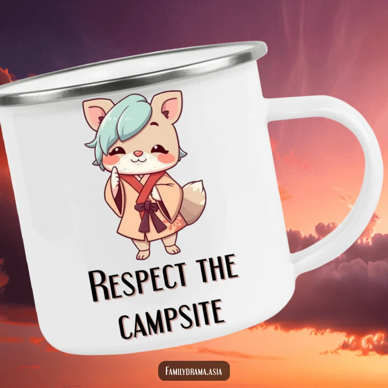 Funny camping mug showing a cheerful animal character in flowing robes respectfully nodding, perfect for outdoor politeness.