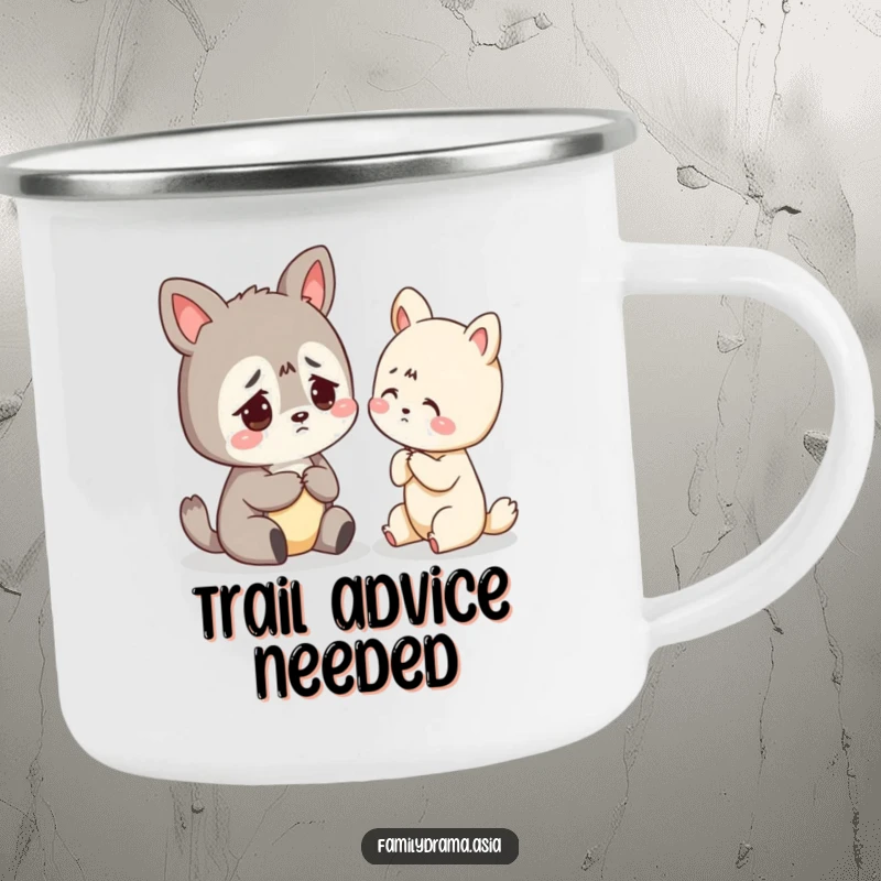 Funny camping mug with a worried animal character receiving gentle advice, perfect for outdoor enthusiasts.
