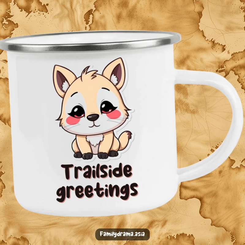 Funny Stylized Character Camping Mug, a durable outdoor mug featuring a character with exaggerated, colorful facial markings making a polite bow, blending adventure and humor.