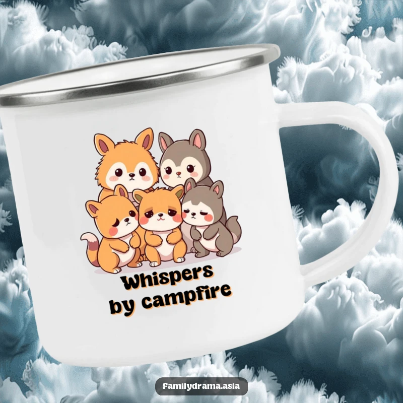 Funny camping mug with stylized animals humorously concerned about a mild disagreement, ideal for outdoor enthusiasts.