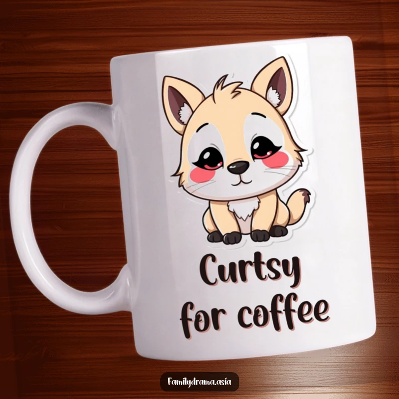 Funny Stylized Animal Mug, a colorful character with exaggerated facial markings performing a slight, polite bow with exaggerated grace.