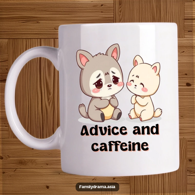 Funny mug showing a worried animal character being comforted and advised by another, a heartwarming and humorous scene.