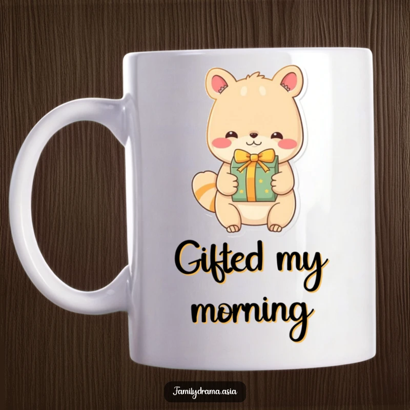 Funny Animal Mug, an endearing character with a joyful expression exchanging a beautifully wrapped gift, capturing the spirit of giving.