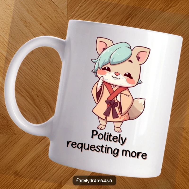 Funny mug showing a cheerful animal character in flowing robes respectfully nodding, radiating warmth and politeness.