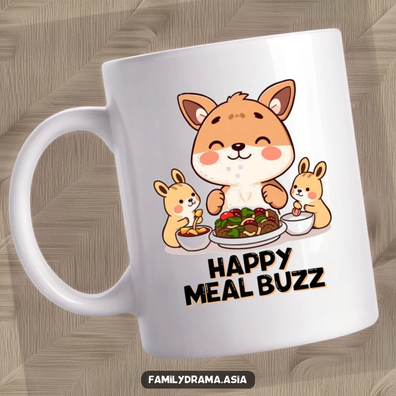Funny mug depicting a happy animal character joyfully sharing a meal with companions, celebrating food and friendship.