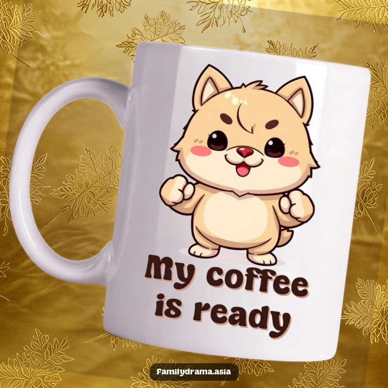 Funny fuzzy animal mug with clenched fists, looking hilariously determined and ready for action, perfect for a laugh.