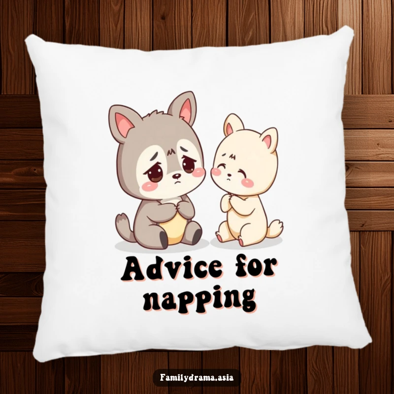Funny pillow with a worried animal character receiving gentle advice, offering comfort and a touch of humor.