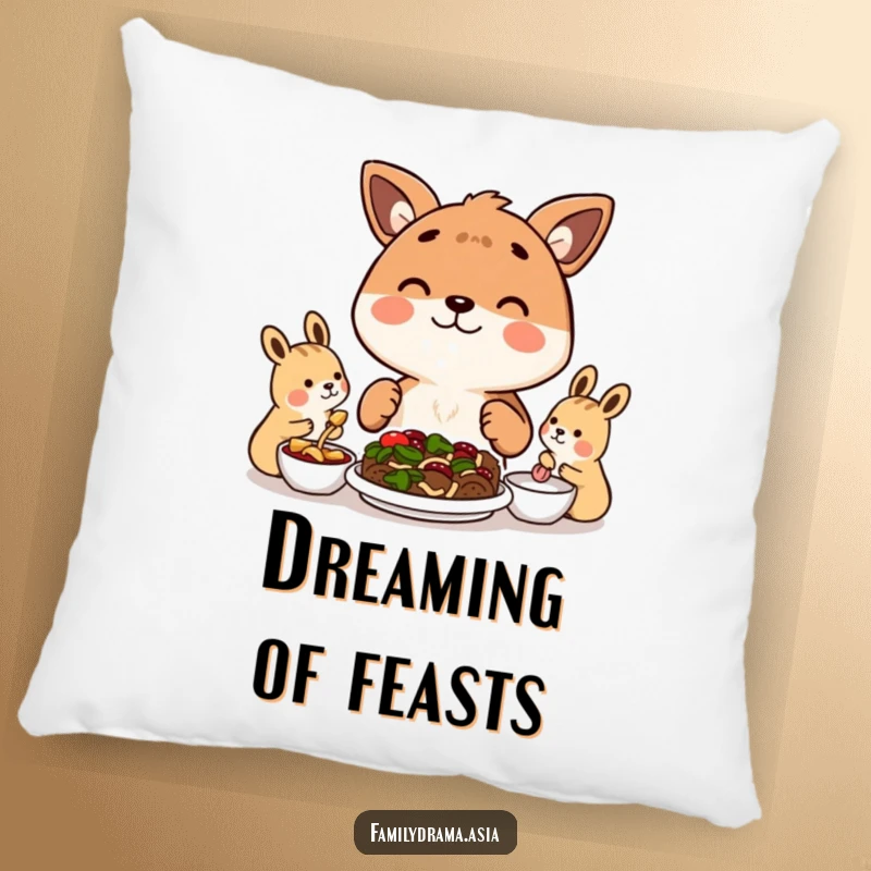 Funny pillow with a happy animal character sharing a meal with others, bringing joy and comfort.