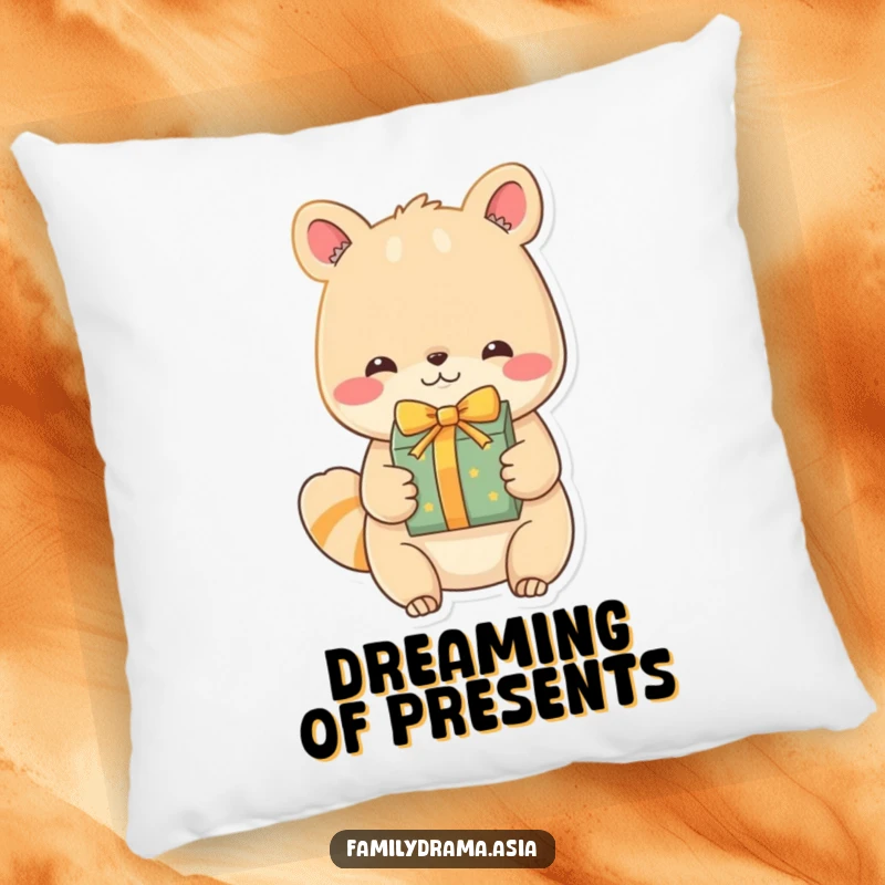 Funny Animal Pillow, a soft cushion depicting an endearing character with a happy expression exchanging a beautifully wrapped gift, adding heartwarming comfort.