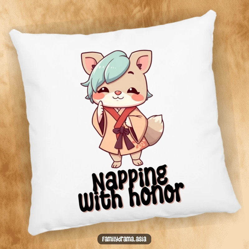 Funny pillow with a cheerful animal character in flowing robes respectfully nodding, perfect for adding gentle charm.