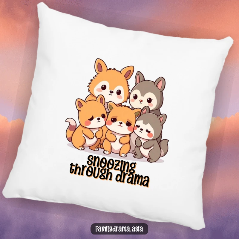 Funny pillow with stylized animal characters humorously concerned about a mild disagreement, perfect for sofa decor.