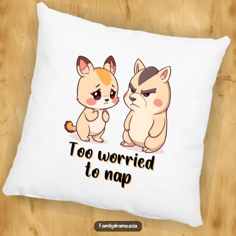 Funny pillow with a small, cute animal looking worried while listening to a stern-faced animal, perfect for adding whimsical charm.