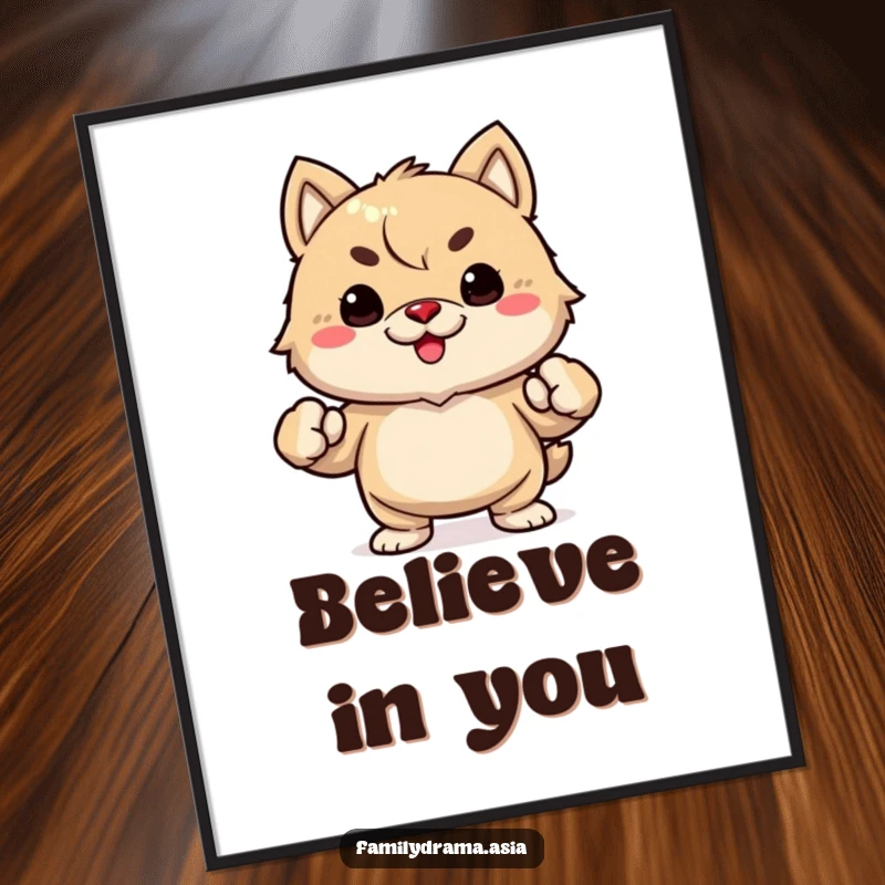 Funny digital art print of a determined fuzzy animal with clenched fists, ready to inspire and amuse.