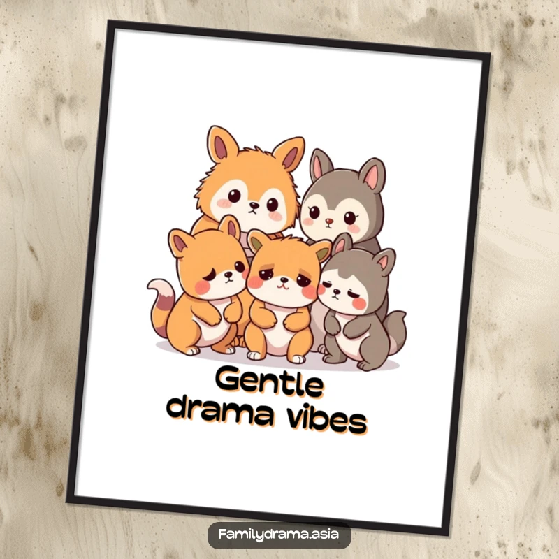 Funny digital art print of stylized animals humorously concerned about a mild disagreement, perfect for wall decor.