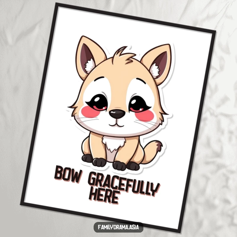 Funny Stylized Character Digital Art Print, a humorous illustration of a character with exaggerated, colorful facial markings performing a slight, polite bow, ready to print.