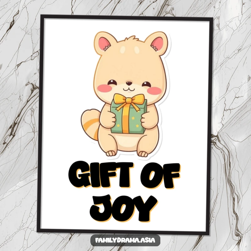 Funny Animal Digital Art Print, a humorous illustration of an endearing character with a happy expression exchanging a beautifully wrapped gift, ready to print.