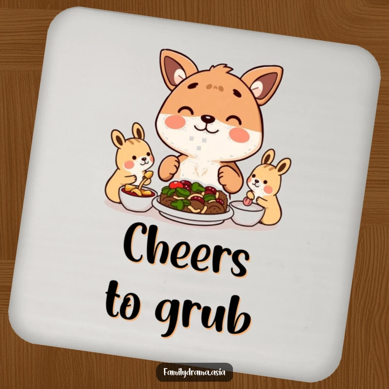 Funny coasters featuring a happy animal character sharing a meal with others, protecting surfaces with humor.