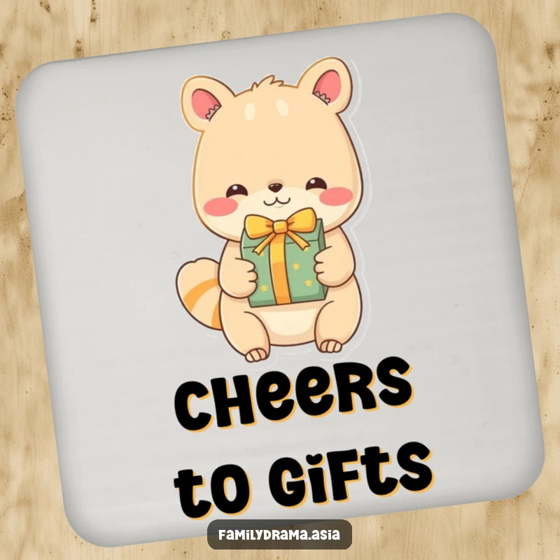 Funny Animal Coaster, a coaster showing an endearing character exchanging a beautifully wrapped gift, adding heartwarming humor to surfaces.