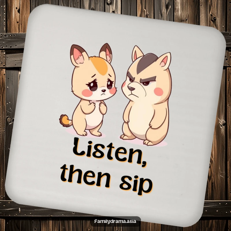 Funny drink coaster with a small, cute animal looking worried while listening to a stern-faced animal, adding a humorous accent to your table.