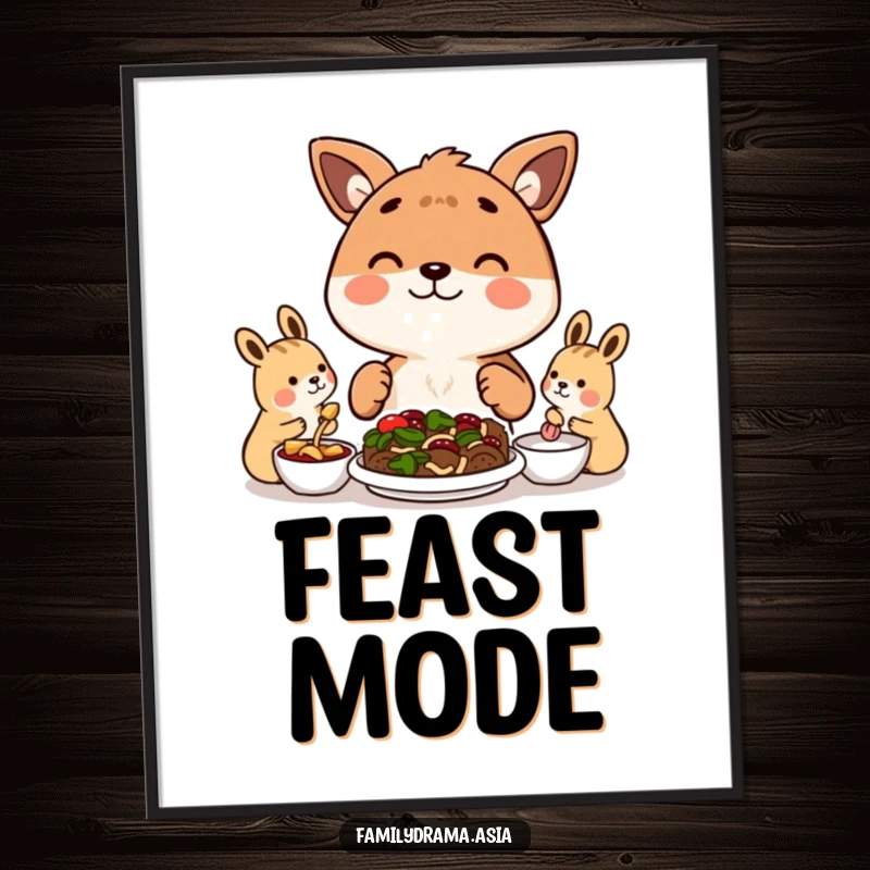 Funny poster art depicting a happy animal character sharing a meal with others, perfect for culinary spaces.