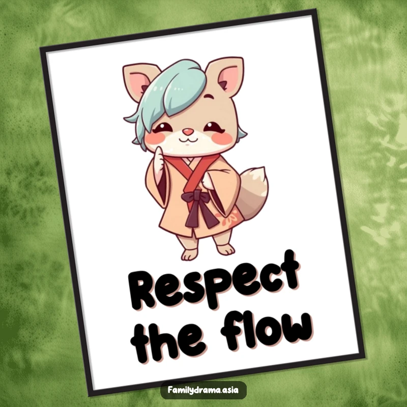 Funny poster featuring a cheerful animal character in flowing robes respectfully nodding, radiating warmth and politeness.