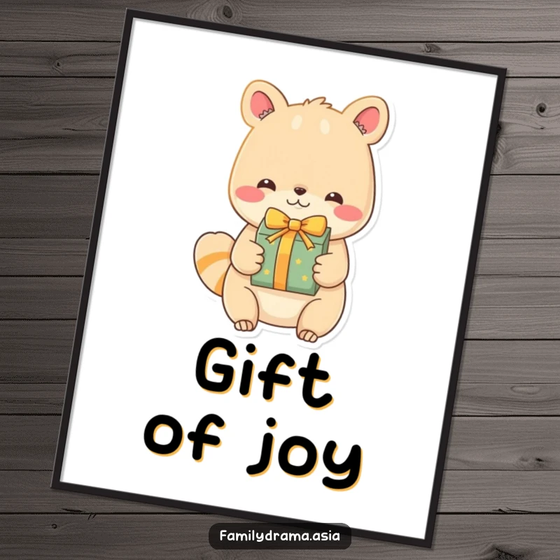 Funny Animal Poster, a humorous artwork of an endearing character with a joyful expression exchanging a beautifully wrapped gift, adding warmth and cheer to decor.