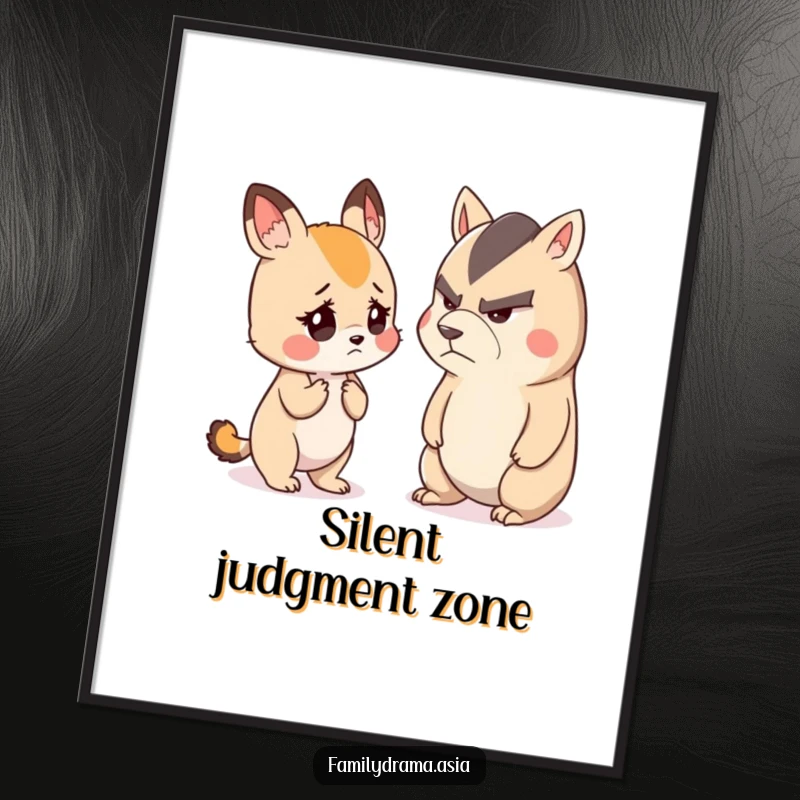 Funny poster featuring a small, cute animal with a worried expression listening intently to another animal with a stern face, capturing relatable humor.