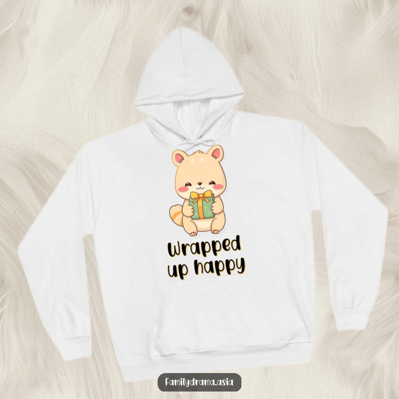 Funny Animal Hoodie, a warm garment featuring an endearing character with a joyful expression exchanging a beautifully wrapped gift, embodying the spirit of giving.