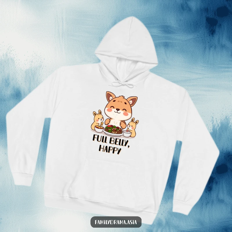 Funny hoodie with a happy animal character sharing a meal with others, perfect for cozy and joyful occasions.