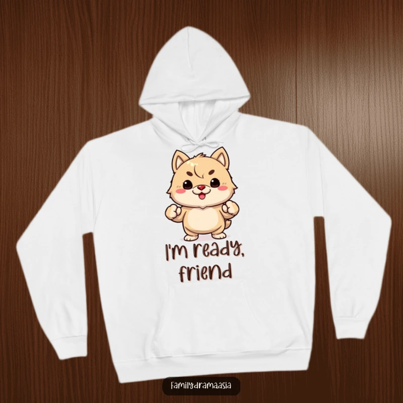 Funny warm hoodie with a determined fuzzy animal sporting clenched fists, radiating humorous motivation and comfort.
