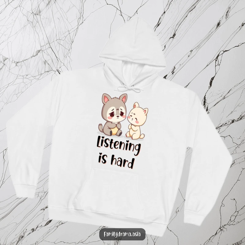 Funny hoodie depicting a worried animal character receiving gentle advice, offering comfort and humor for the wearer.