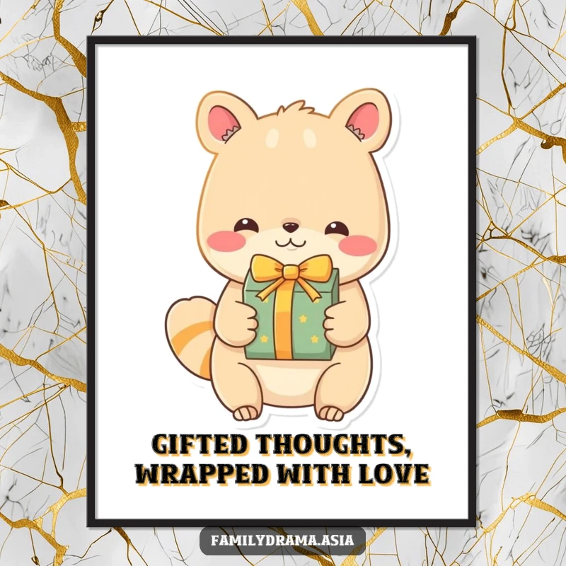 Funny Free Printable Wall Art: An animal character with an endearing expression thoughtfully exchanging a beautifully wrapped gift.