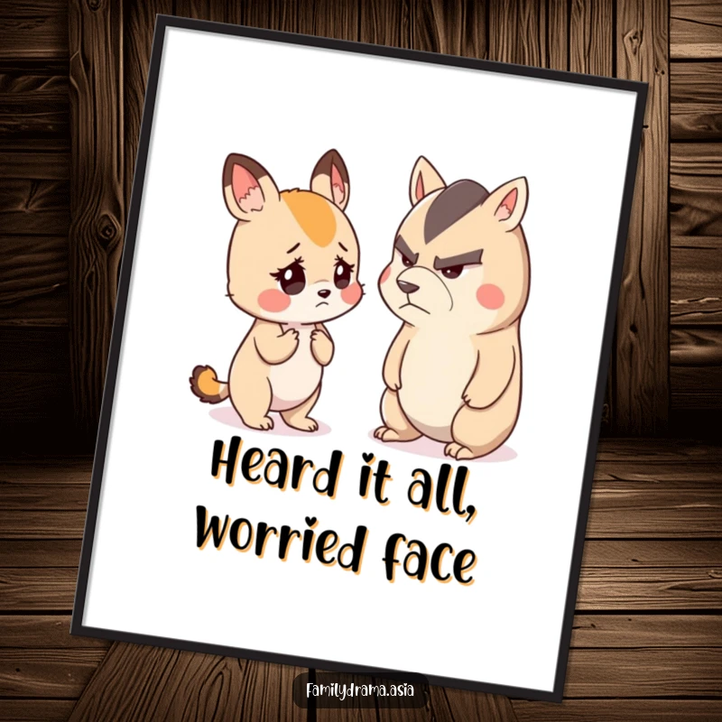 Funny Free Printable Wall Art: A small, cute animal with a worried expression listens intently to another animal with a stern face.