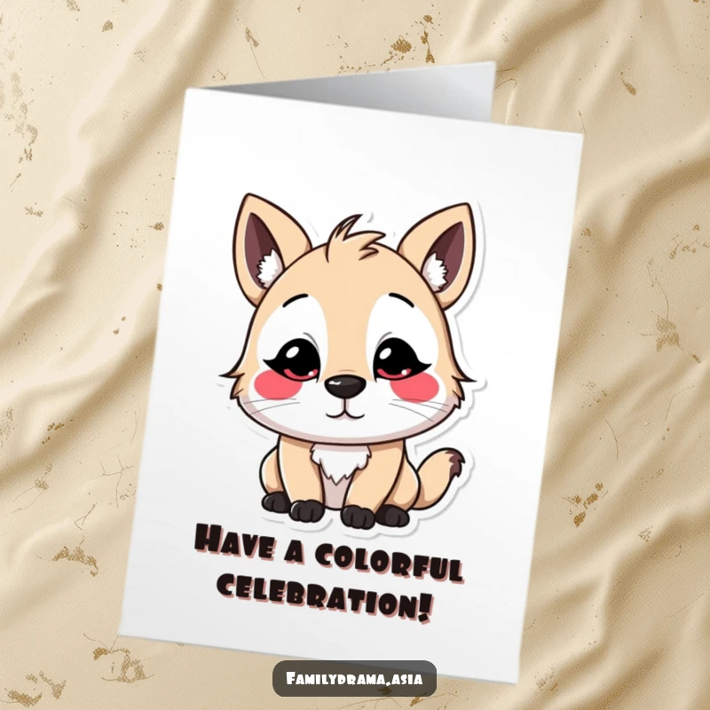 Funny Free Printable Birthday Card: Stylized animal character with exaggerated colorful facial markings bowing politely, unique.