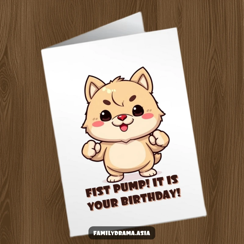Funny Free Printable Birthday Card featuring a determined fuzzy animal giving a powerful fist bump, ready to celebrate.