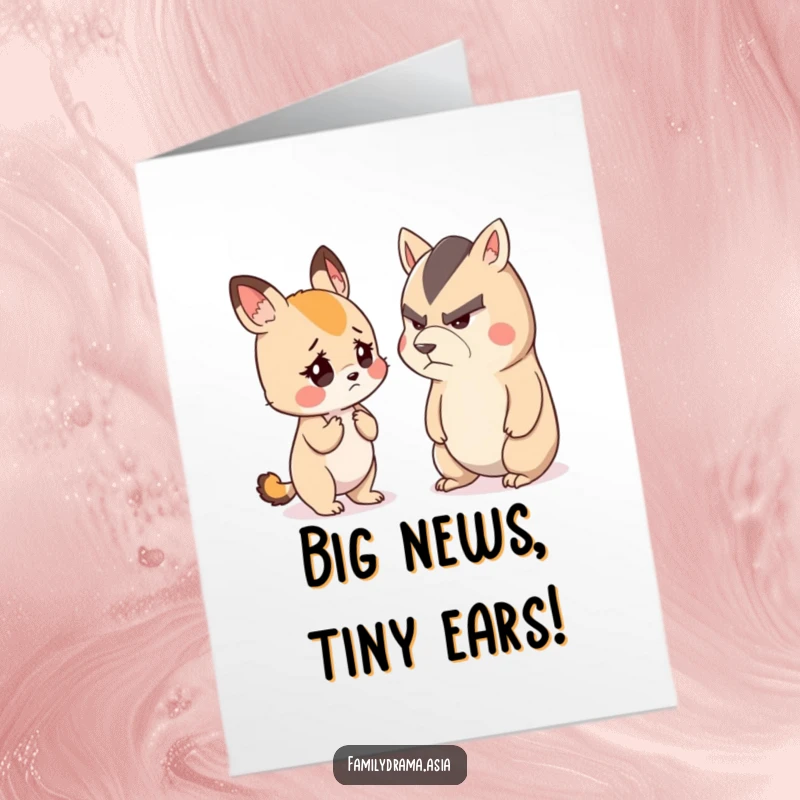 Funny Free Printable Congratulations Card: A worried cute animal intently listens to a stern-faced animal, perfect for congratulating.