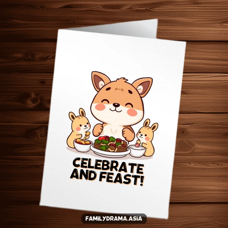 Funny Free Printable Congratulations Card showing a happy animal sharing a meal, celebrating togetherness and success, a great DIY gift.