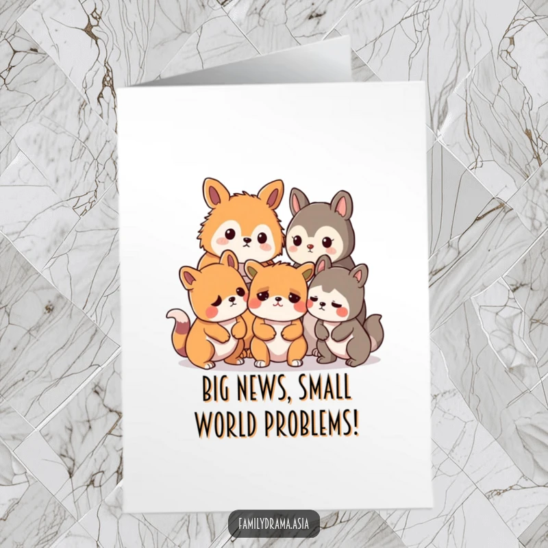 Funny Free Printable Congratulations Card with stylized animals worried about a tiny spat, ideal for a humorous DIY gift.
