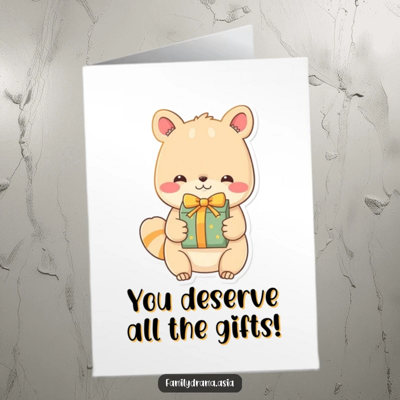 Funny Free Printable Congratulations Card: An endearing character swapping a beautifully wrapped gift, great for congrats.