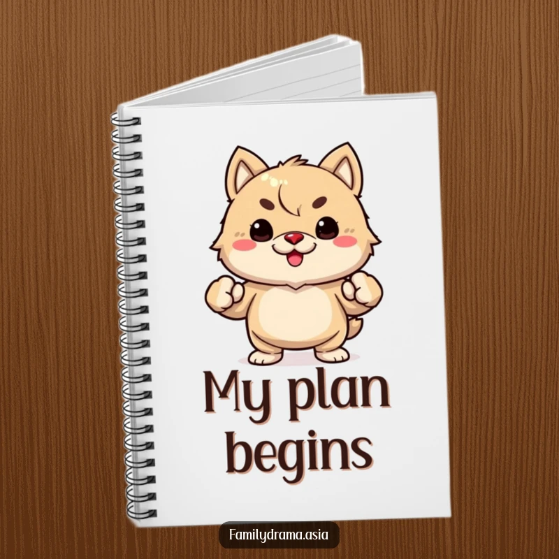 Funny notebook with a determined fuzzy animal on the cover, fists clenched, ready to take notes.