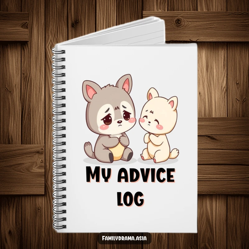 Funny notebook with a worried animal character receiving gentle advice, ideal for journaling and note-taking.