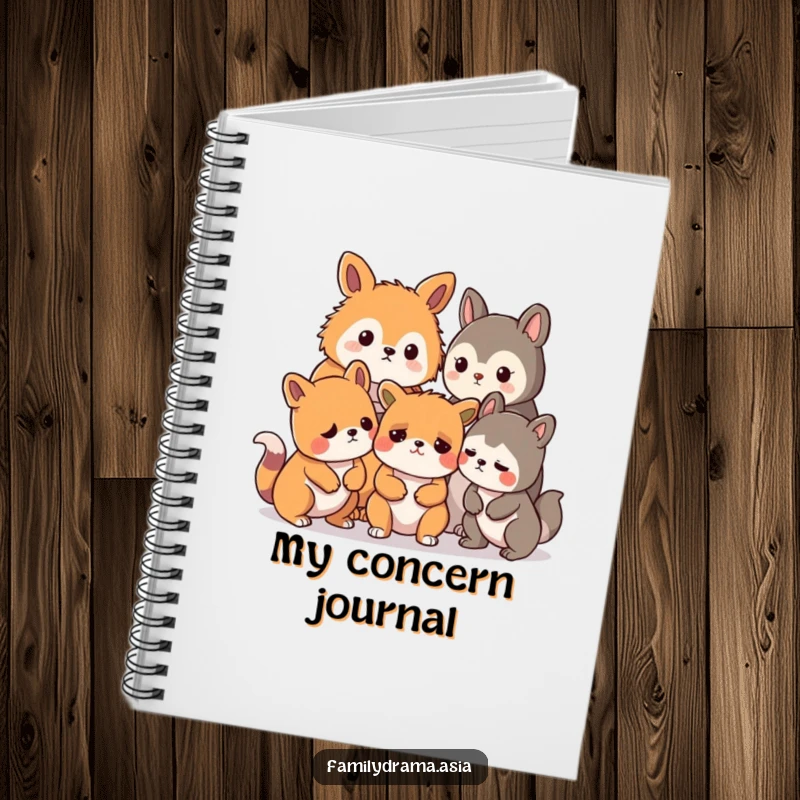 Funny notebook with stylized animals humorously concerned about a mild disagreement, perfect for note-taking.