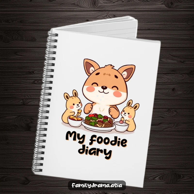Funny notebook with a happy animal character sharing a meal with others, perfect for recipe journaling.
