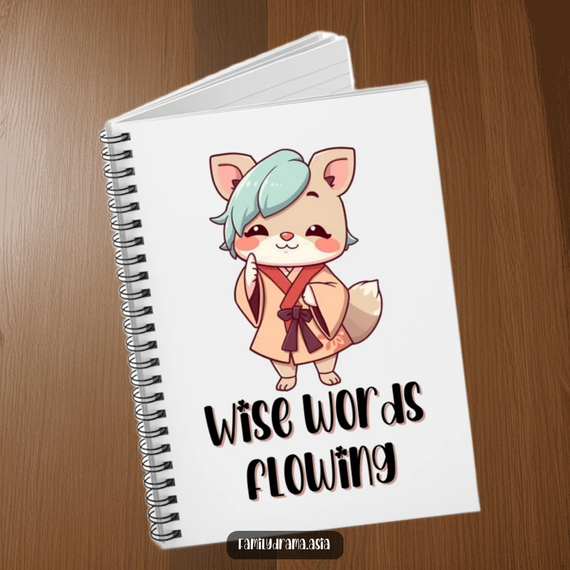 Funny notebook cover with a cheerful animal character in flowing robes respectfully nodding, inspiring kind thoughts.